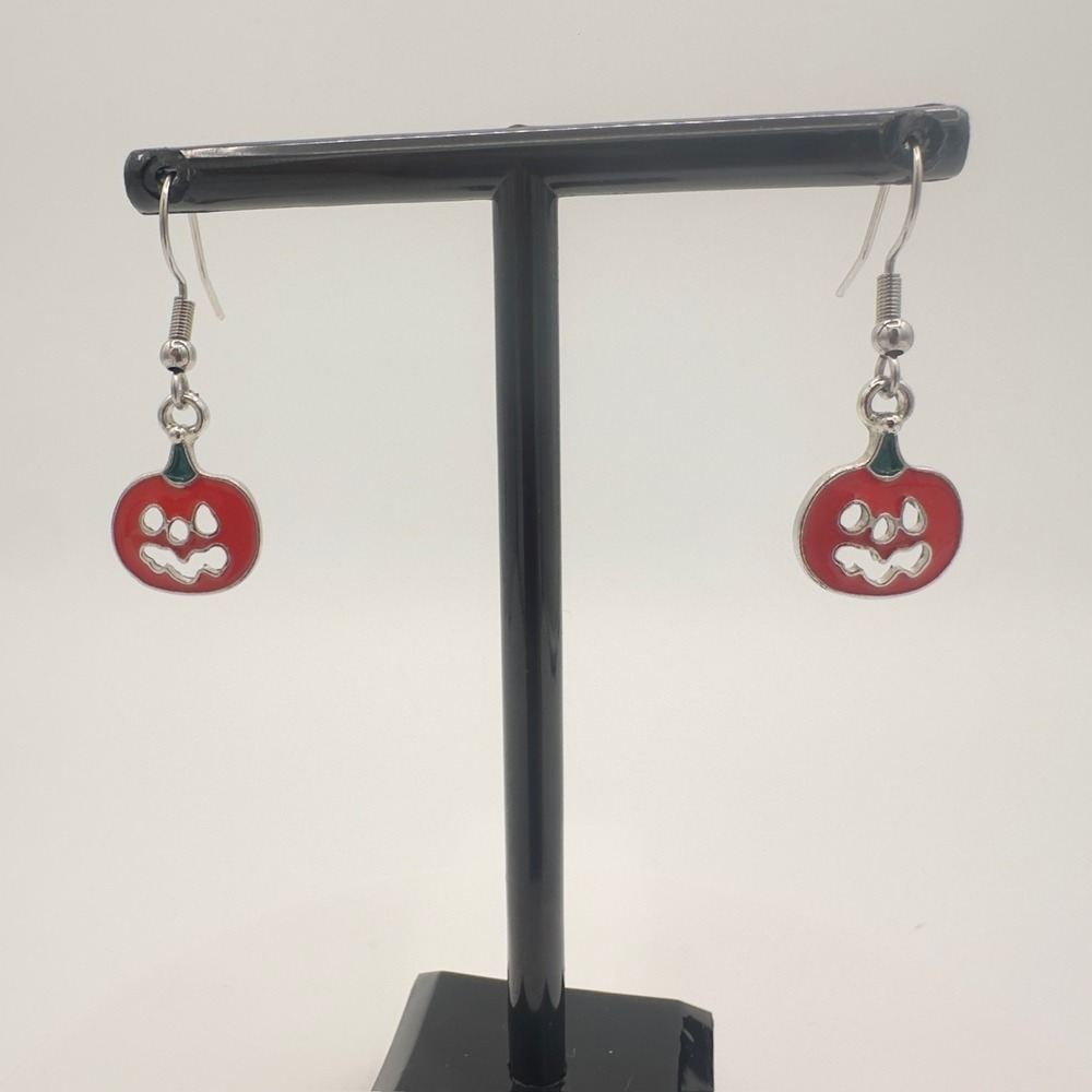 Vintage Halloween Jack-O'-Lantern Enamel Earrings‎ Single Silver-Tone Dangle